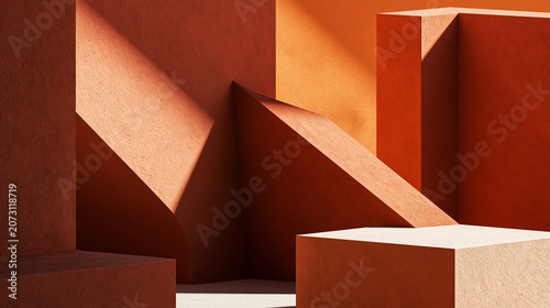 Minimalist Abstract 3D Geometric Composition in Warm Terracotta and Orange Tones