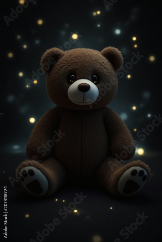 Fluffy brown teddy bear sitting in darkness with soft golden bokeh lights background