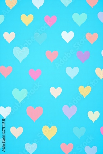 Bright blue background pattern featuring scattered pastel colored paper hearts throughout