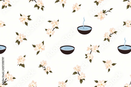 Seamless pattern white background with light pink cherry blossoms and steaming bowls