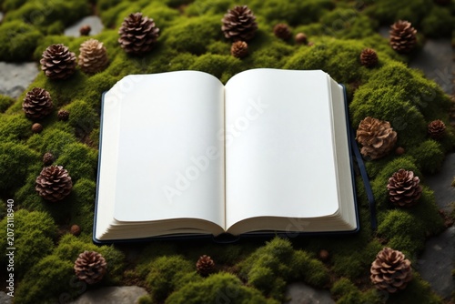 Open blank book resting on vibrant green moss surrounded by numerous brown pine cones