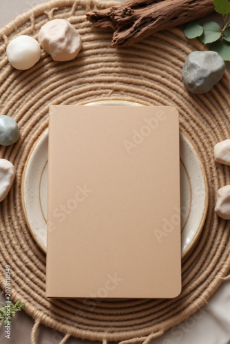 Blank beige notebook mockup resting on a ceramic plate with natural decorative elements