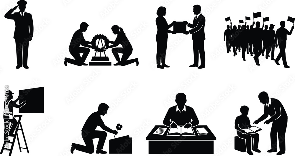 Obraz premium Community Service and Civic Responsibility Silhouette Collection Featuring Education Tribute Leadership and Public Engagement