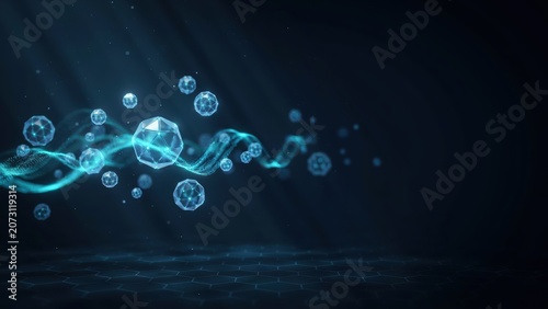 Glowing blue bubbles rising in dark water with light beams