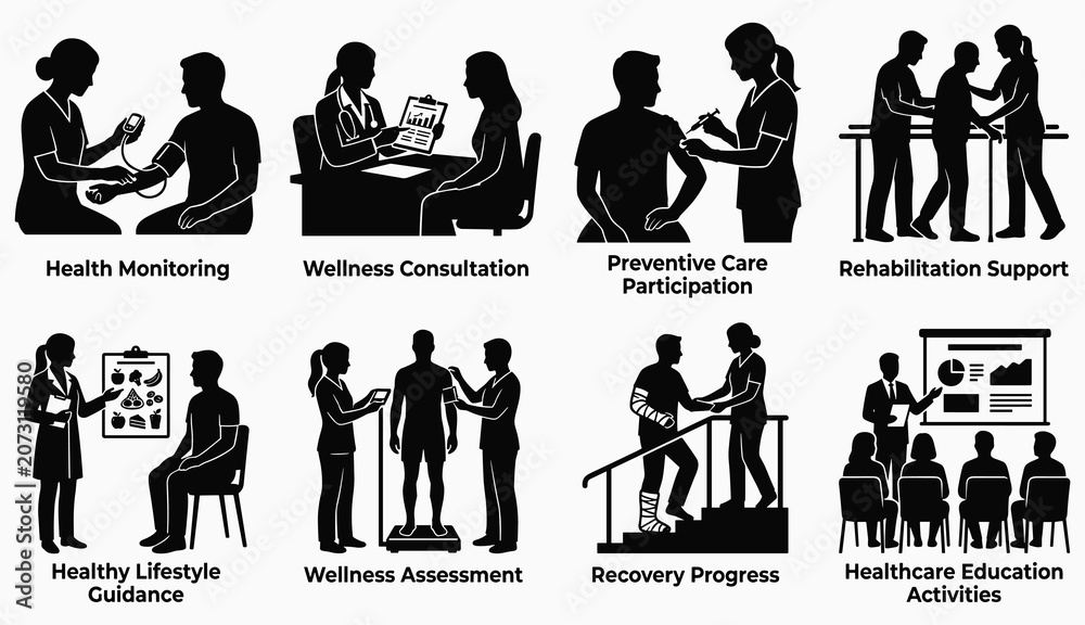 Fototapeta premium Healthcare and Patient Care Silhouette Collection Featuring Wellness Consultation Rehabilitation and Preventive Medical Services
