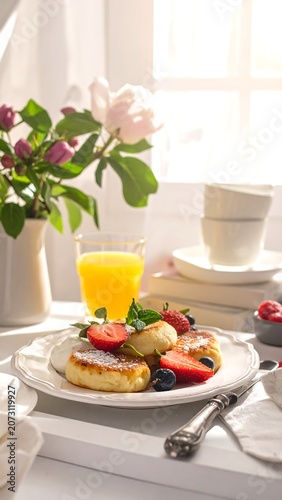 Breakfast scene with pancakes, berries, and orange juice