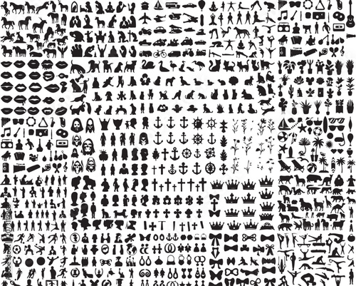 Massive collection of black silhouette icons and symbols, diverse set of animal and human vector shapes, miscellaneous graphic design elements