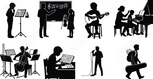 Music Education and Performance Silhouette Collection Featuring Instrument Lessons Practice and Vocal Training Activities