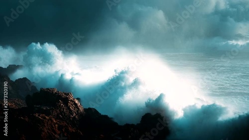 Dramatic Ocean Waves Crash Against Rugged Rocks