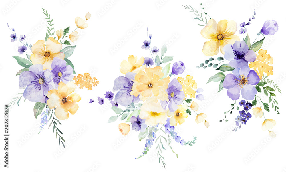 Fototapeta premium Watercolor bouquets with light purple and yellow flowers, isolated illustration for wedding stationery