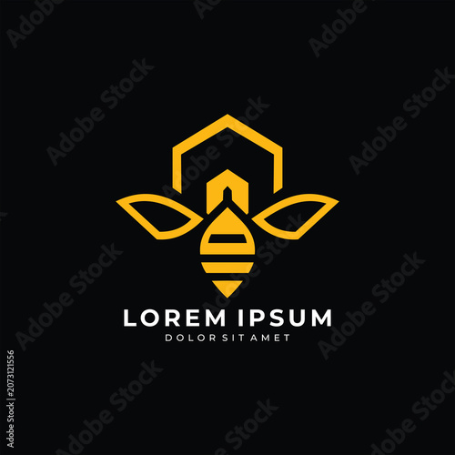 Minimal bee and hive logo with leaf details in gold on black, suitable for honey, organic food, apiary, farming, and nature brands.