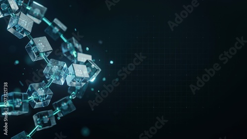 Glowing translucent cubes connected in a chain formation on a dark background