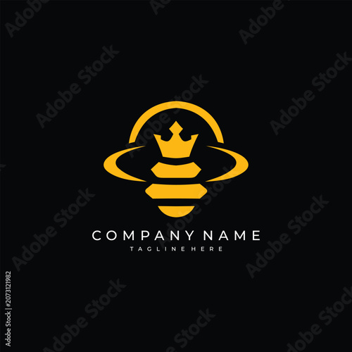 Golden crowned bee logo with orbit circle on black background, suitable for honey brands, beekeeping, organic products, and premium identity.