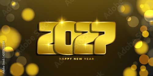 2027 Happy New Year holiday background. New Year 2027 numbers. Gold color. Bokeh light effect. Vector illustration.	