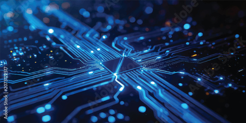 Foto Futuristic Blue Fiber Optic Circuit Board Technology Background with Glowing Dig