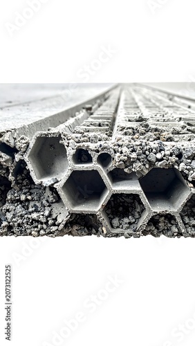 A close-up of a textured surface with hexagonal holes on a gray background