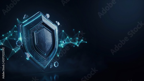 3 d rendered digital shield with glowing blue network connections and geometric fragments