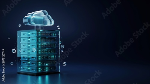 Glass cloud floating above a stacked server rack in dark blue space