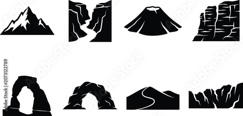 Foto Collection of black and white geological formation silhouettes featuring mountai