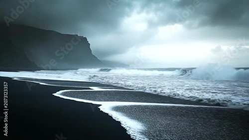 Dramatic seascape with waves crashing on dark shore