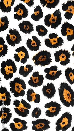 A close-up of a vibrant animal print design featuring black and orange spots on a white background