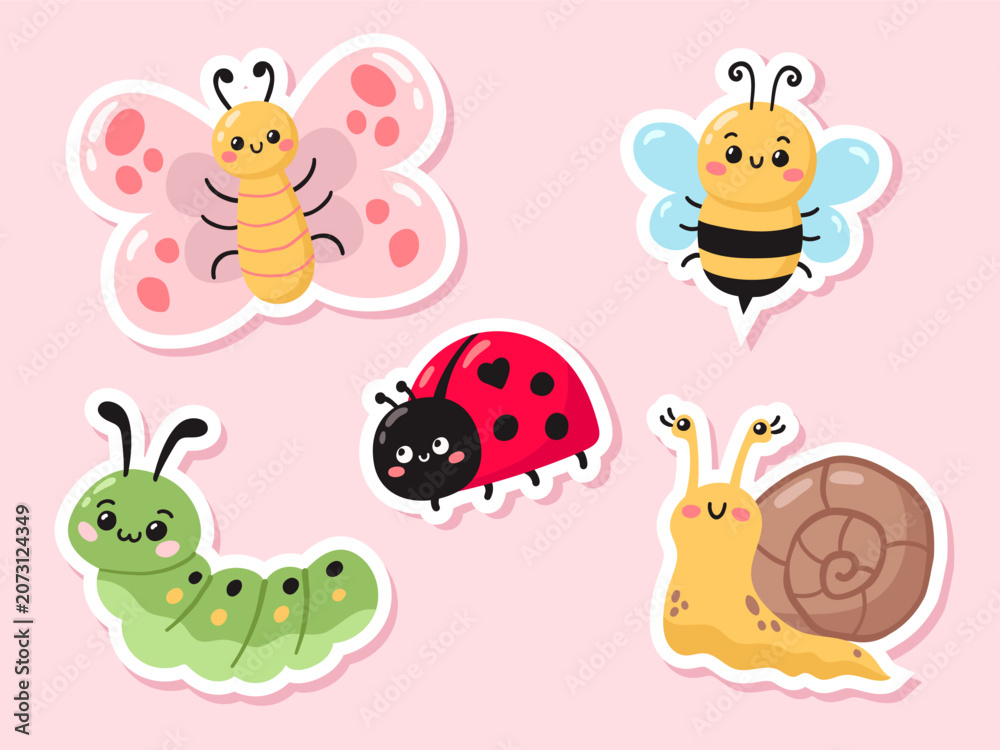 Naklejka premium Set of stickers with cute insects. Vector illustration.