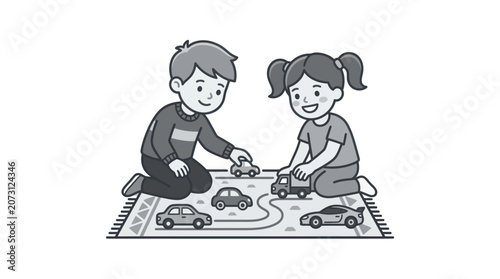 Bild auf Leinwand Children Playing with Toy Cars Together.