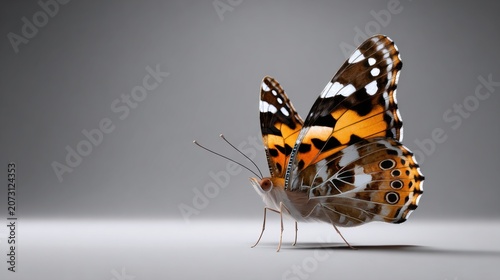 Intricate Orange Butterfly with Detailed Wing Patterns on Gray Background