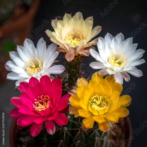 A close-up of a vibrant cactus with multiple colorful flowers