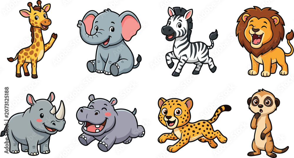 Fototapeta premium Cute Safari Animal Mascot Collection with Kawaii Wildlife Character Flat Vector Illustration Set