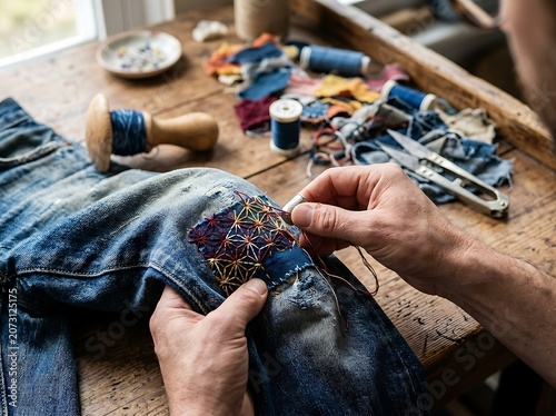 Close up of hands mending jeans with embroidery.