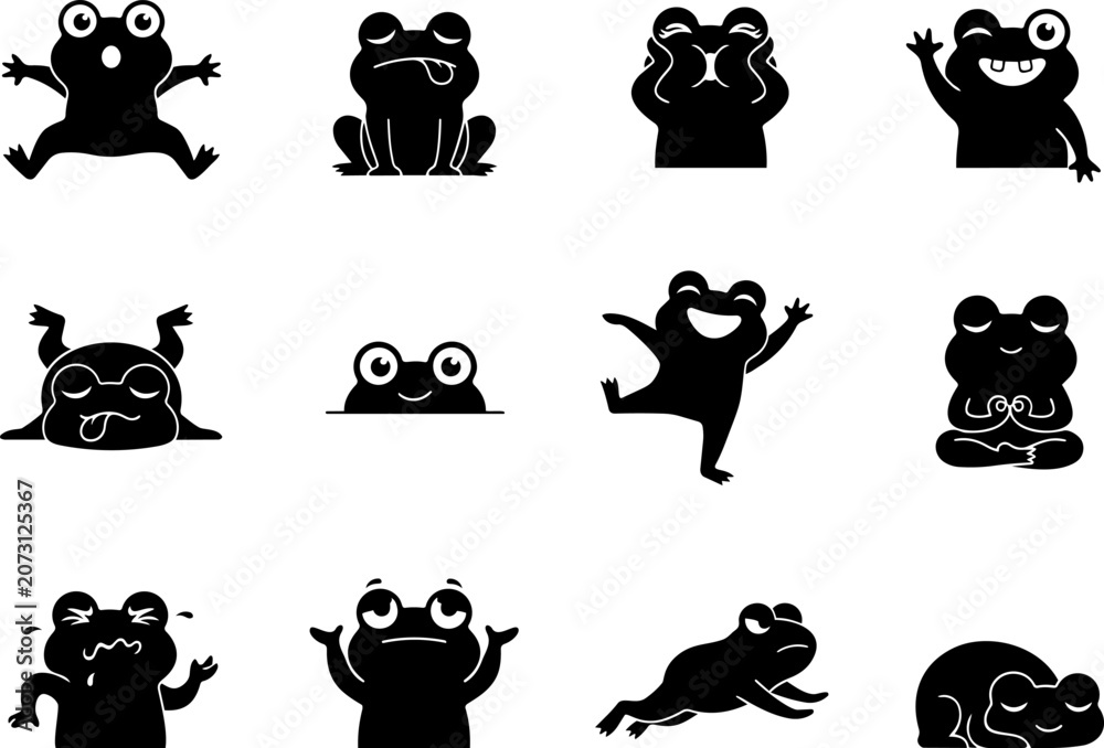 Obraz premium Adorable cartoon frogs in various playful poses and expressions for delightful graphic design