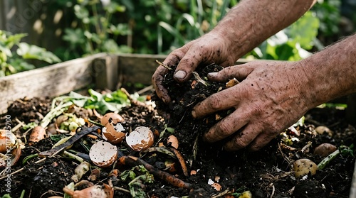 Close-up of hands working with dark organic compost.