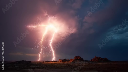Dramatic Lightning Strikes Over Rocky Landscape at Dusk