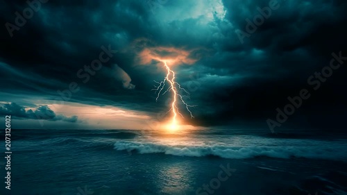 Dramatic Lightning Strikes Over Ocean at Sunset