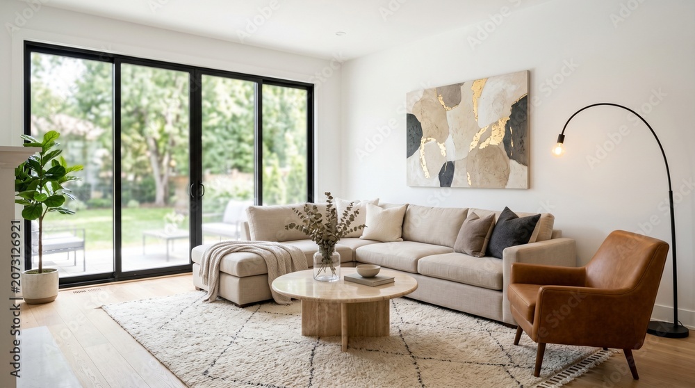 Fototapeta premium Bright Modern Living Room with Beige Sectional Sofa and Leather Accent Chair 