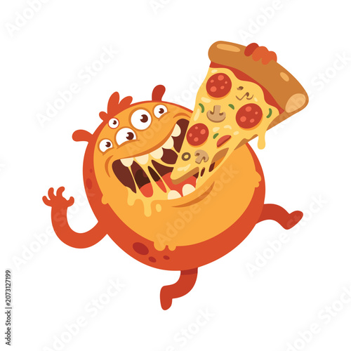 Joyful cartoon monster happily devouring a cheesy slice of pepperoni pizza.