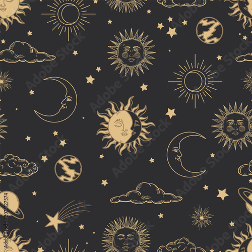 Celestial Magic Seamless Pattern With Sun Moon Stars