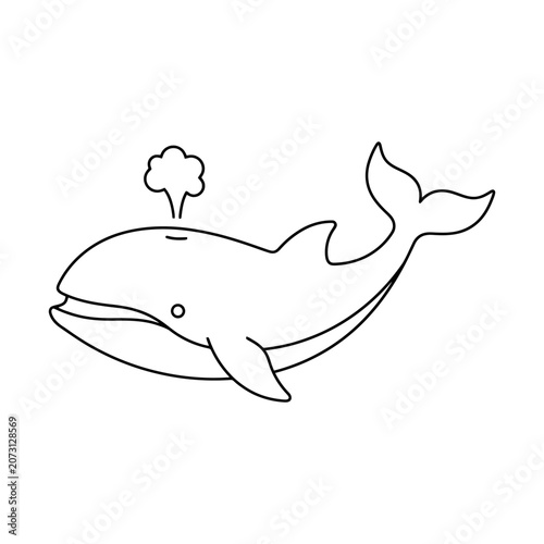 A simple black and white line drawing of a cute whale