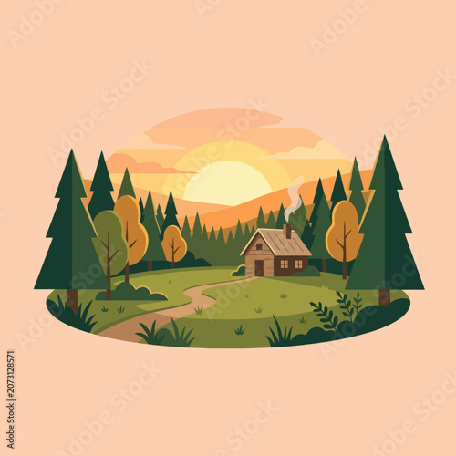 Cozy wooden cabin in a lush forest at sunset