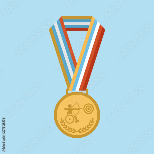 Gold medal for wheelchair archery with a striped ribbon