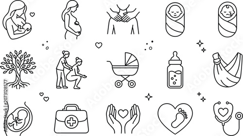 Obraz na płótnie Pregnancy childbirth and newborn baby line icon set featuring breastfeeding doul