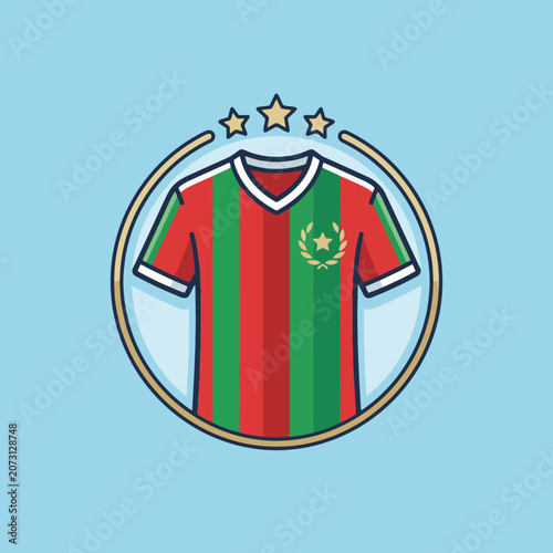 A striped soccer jersey icon with stars on blue background