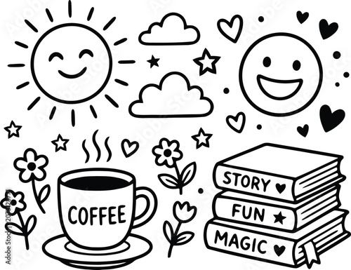 Hand Drawn Doodle Illustration of Coffee Break Storytelling with Smiling Sun and Magic Books