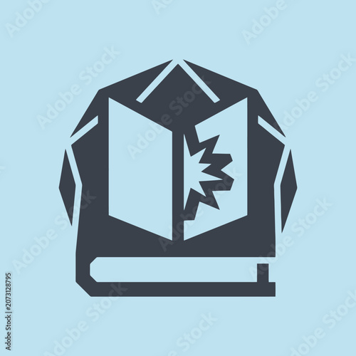 A stylized icon of an open book on light blue background