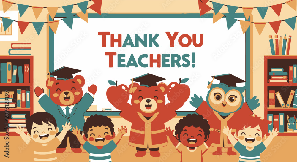 Fototapeta premium Teacher's Day Festive thank you teachers banner with cartoon animals and happy students in a school setting vector illustration