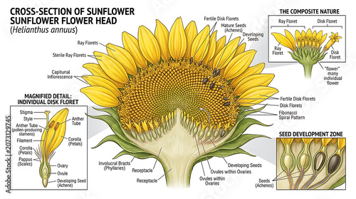 Fényképezés Detailed cross-section of a large sunflower flower head with labeled parts