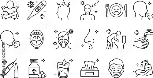 Tableau sur toile Flu and virus illness symptoms line icon set featuring fever chills headache run