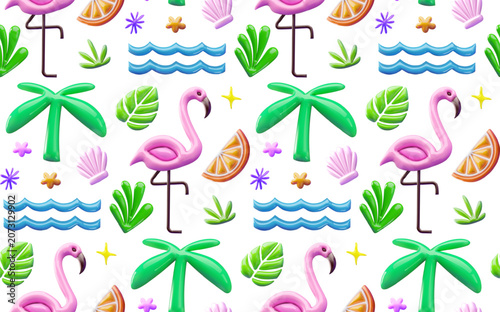 Seamless tropical pattern vector 3D illustration  with glossy flamingos, palm trees, leaves, seashells, waves, and citrus slices. Colorful summer design ideal for textiles, wallpaper, wrapping paper, 