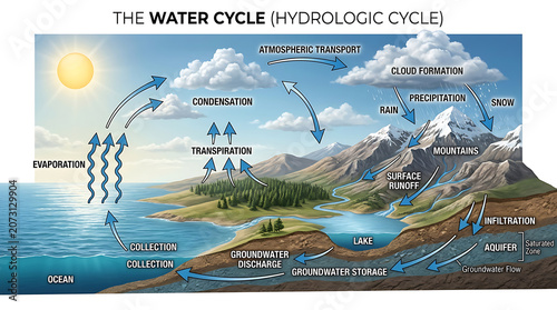 Photos The water cycle process occurs naturally in mountains, involving evaporation, condensation, and precipitation with the sun, ocean, and land